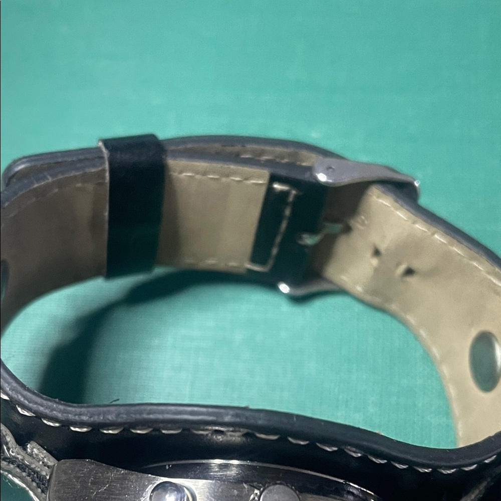 Black Leather Strap Watch with Green Accents - Picture 6 of 7